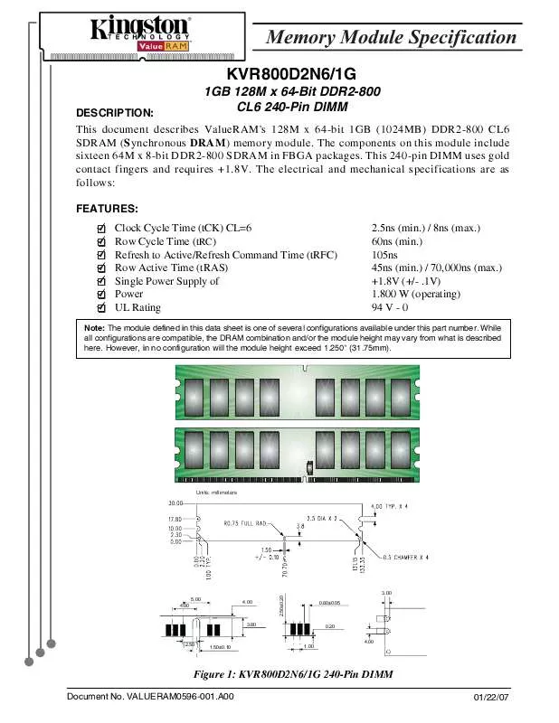 Mode d'emploi KINGSTON KVR800D2N61GBK