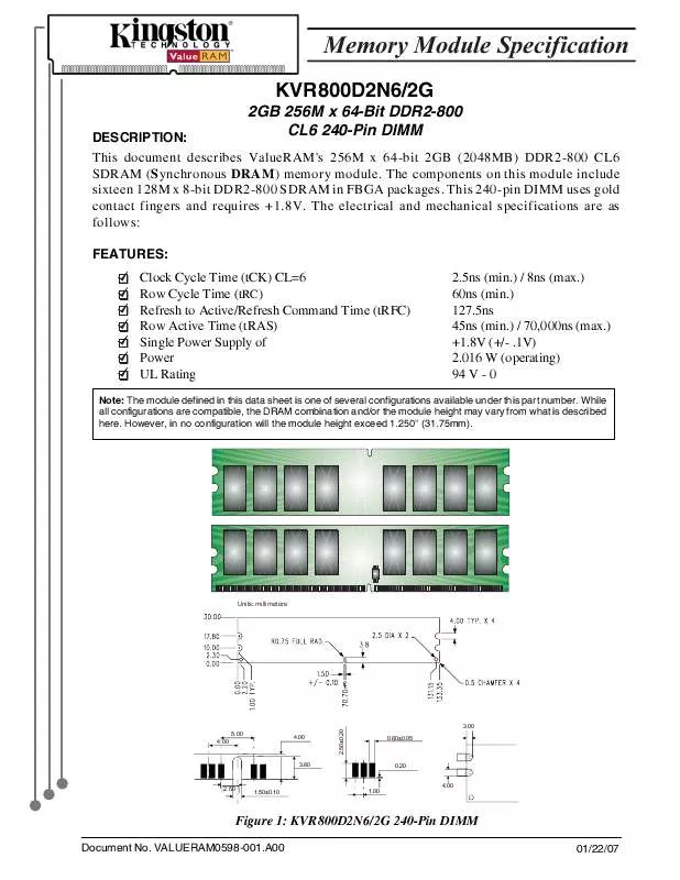 Mode d'emploi KINGSTON KVR800D2N62G