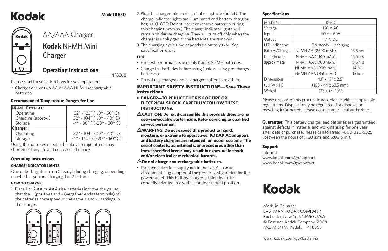 Mode d'emploi KODAK NI-MH COMPACT BATTERY CHARGER K630