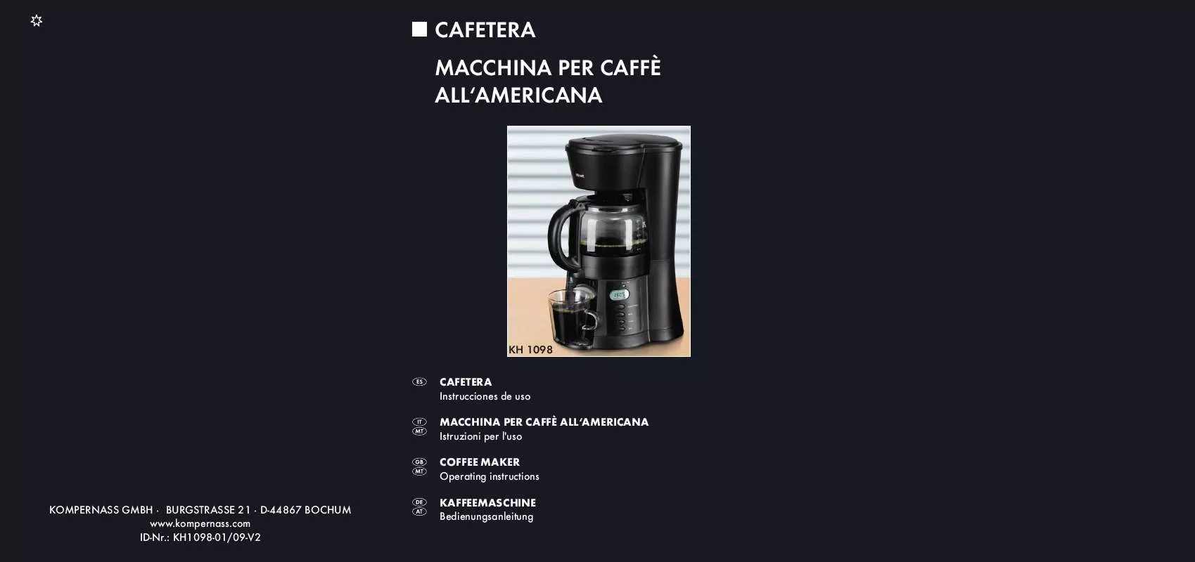 Mode d'emploi KOMPERNASS BIFINETT KH 1098 COFFEE MAKER