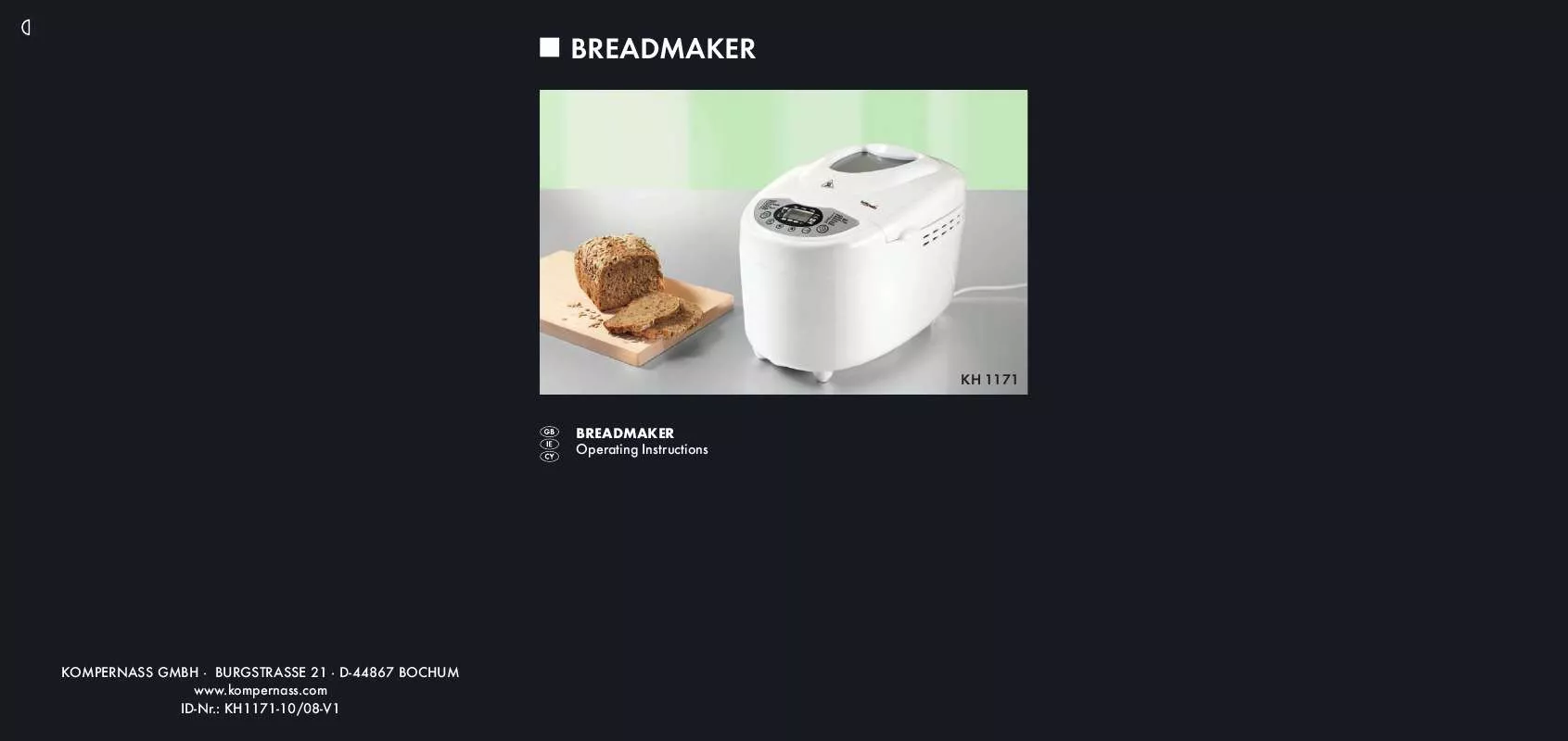 Mode d'emploi KOMPERNASS BIFINETT KH 1171 BREADMAKER