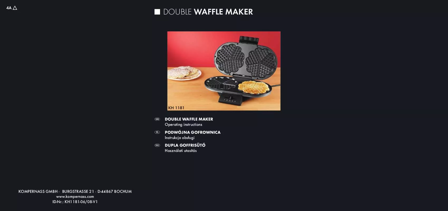 Mode d'emploi KOMPERNASS BIFINETT KH 1181 DOUBLE WAFFLE MAKER