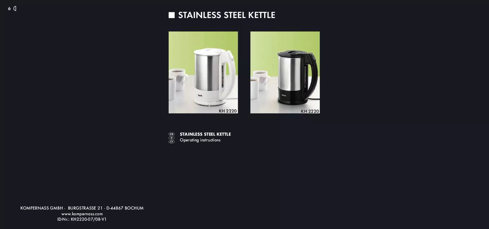 Mode d'emploi KOMPERNASS BIFINETT KH 2220 STAINLESS STEEL KETTLE