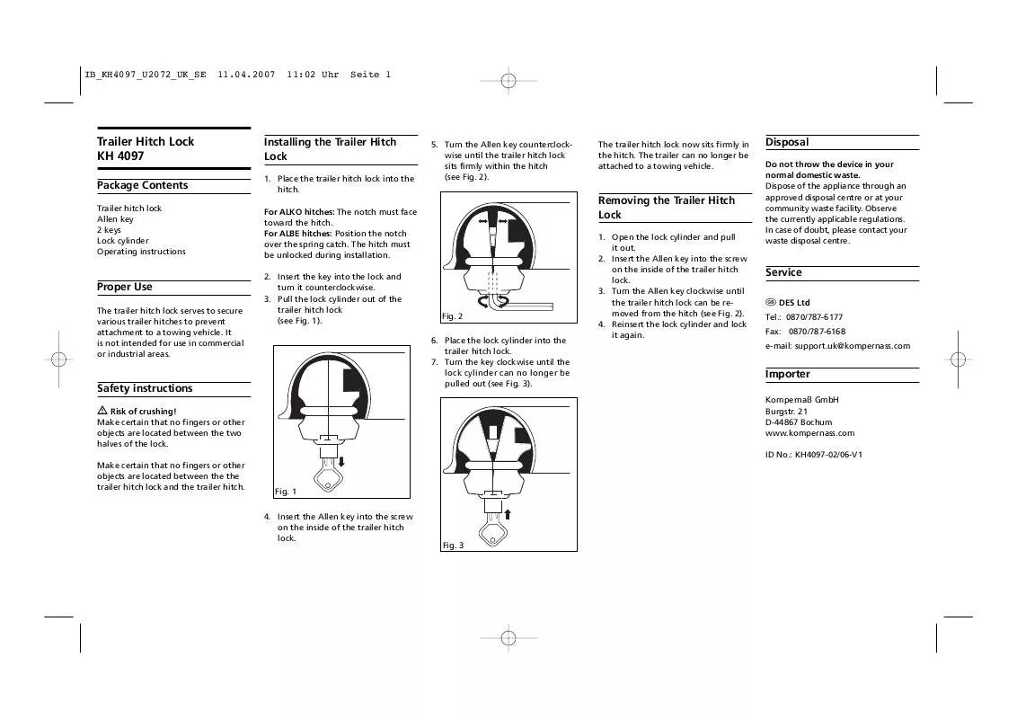 Mode d'emploi KOMPERNASS KH 4097 TRAILER HITCH LOCK