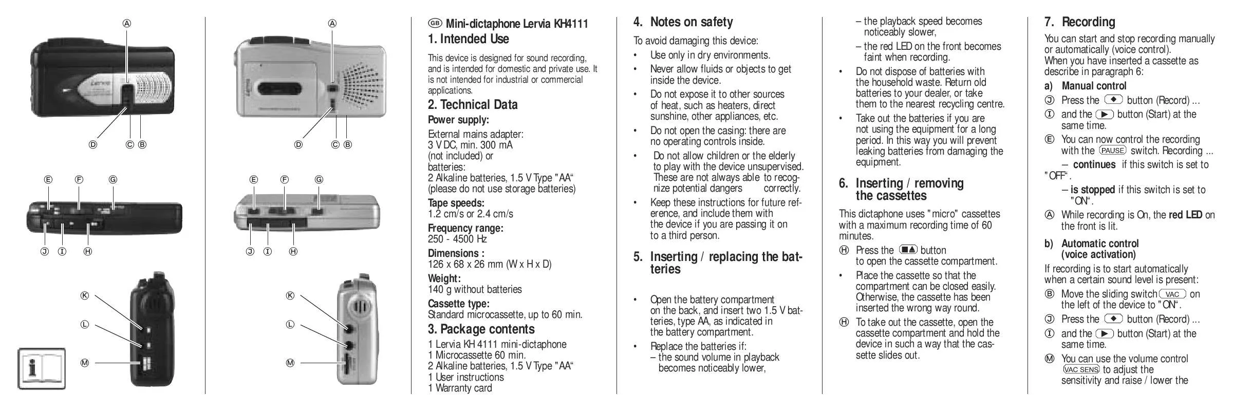 Mode d'emploi KOMPERNASS LERVIA KH 4111 DICTATING MACHINE