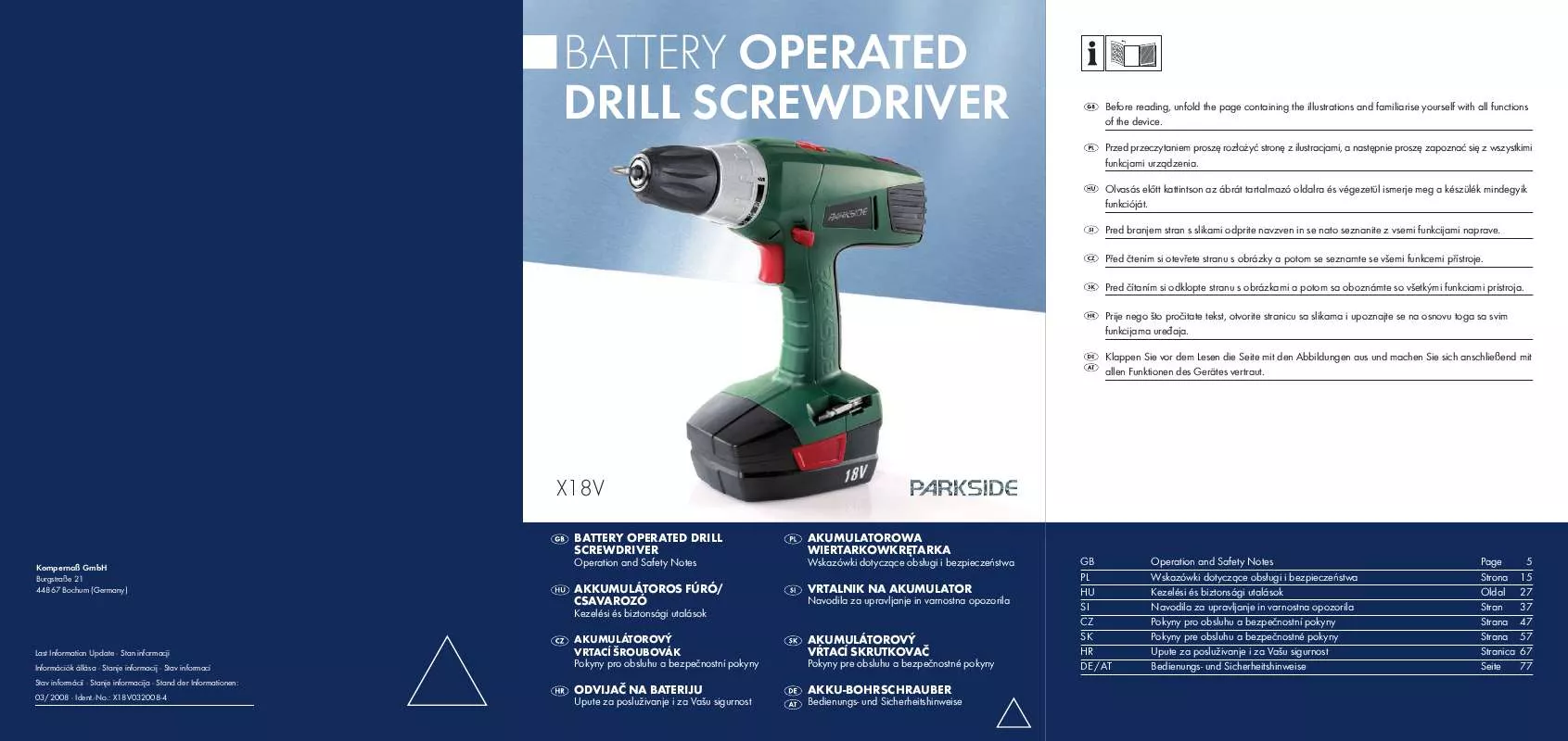 Mode d'emploi KOMPERNASS PARKSIDE X18V KH 3188 2 SPEED CORDLESS DRILL SCREWDRIVER