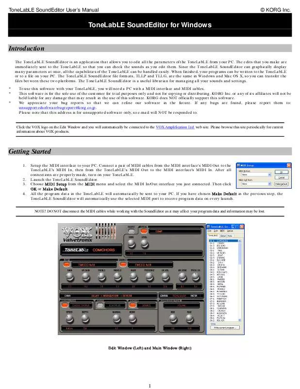 Mode d'emploi KORG TONELABLE SOUNDEDITOR FOR WINDOWS