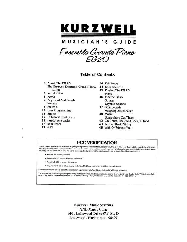 Mode d'emploi KURZWEIL ENSEMBLE GRANDE PIANO EG20