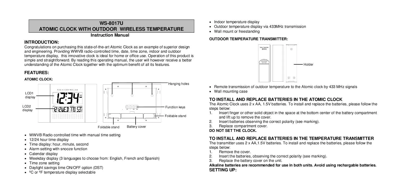 Mode d'emploi LA CROSS TECHNOLOGY WS-8017U