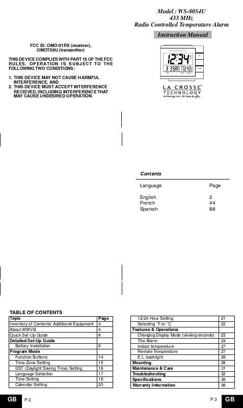 Mode d'emploi LA CROSS TECHNOLOGY WS-8054U