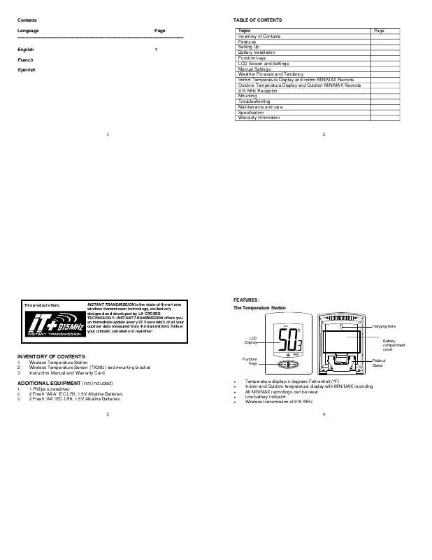 Mode d'emploi LA CROSS TECHNOLOGY WS-9007U-IT