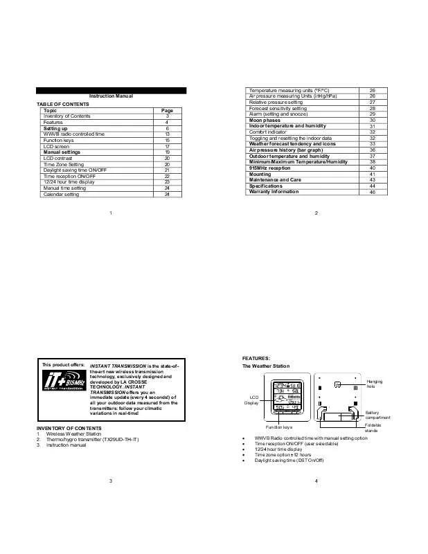 Mode d'emploi LA CROSS TECHNOLOGY WS-9047TWC-IT