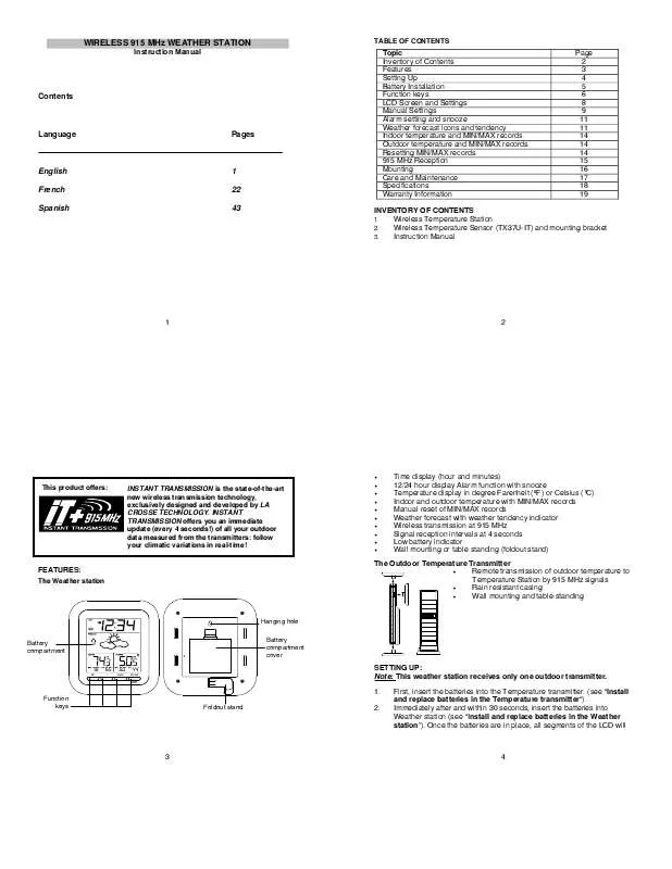 Mode d'emploi LA CROSS TECHNOLOGY WS-9133T-IT