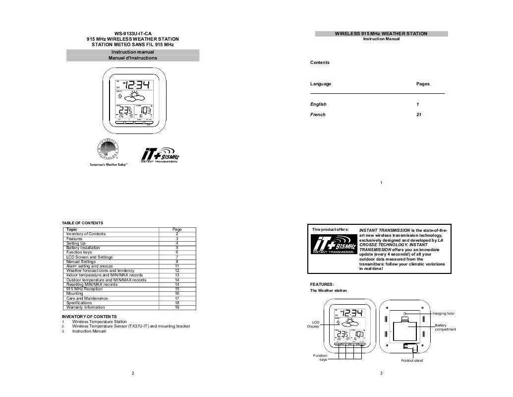 Mode d'emploi LA CROSS TECHNOLOGY WS-9133U-IT-CA