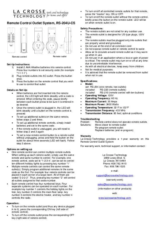 Mode d'emploi LA CROSSE TECHNOLOGY RS-220U