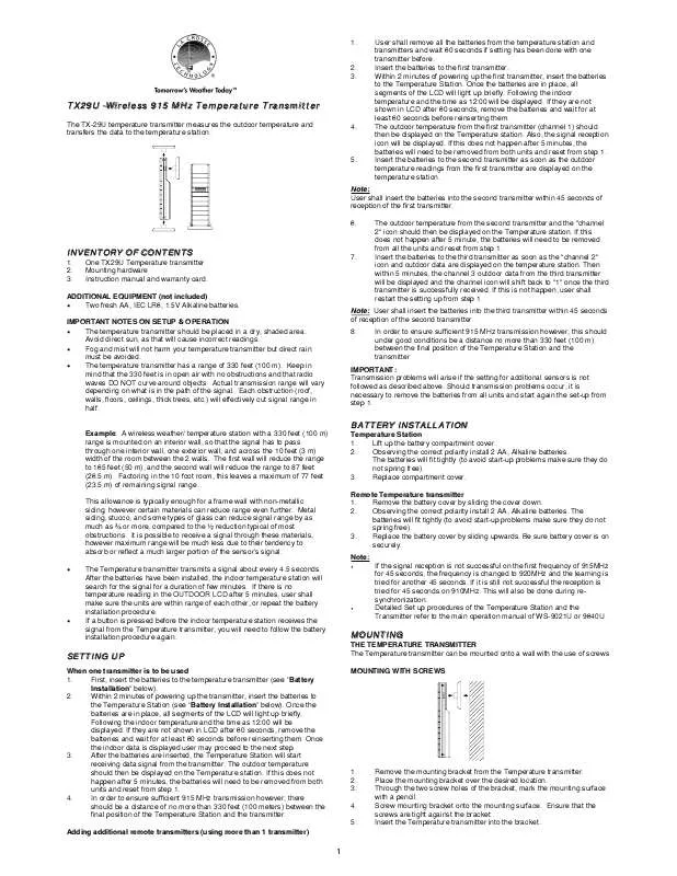 Mode d'emploi LA CROSSE TECHNOLOGY TX29U-IT