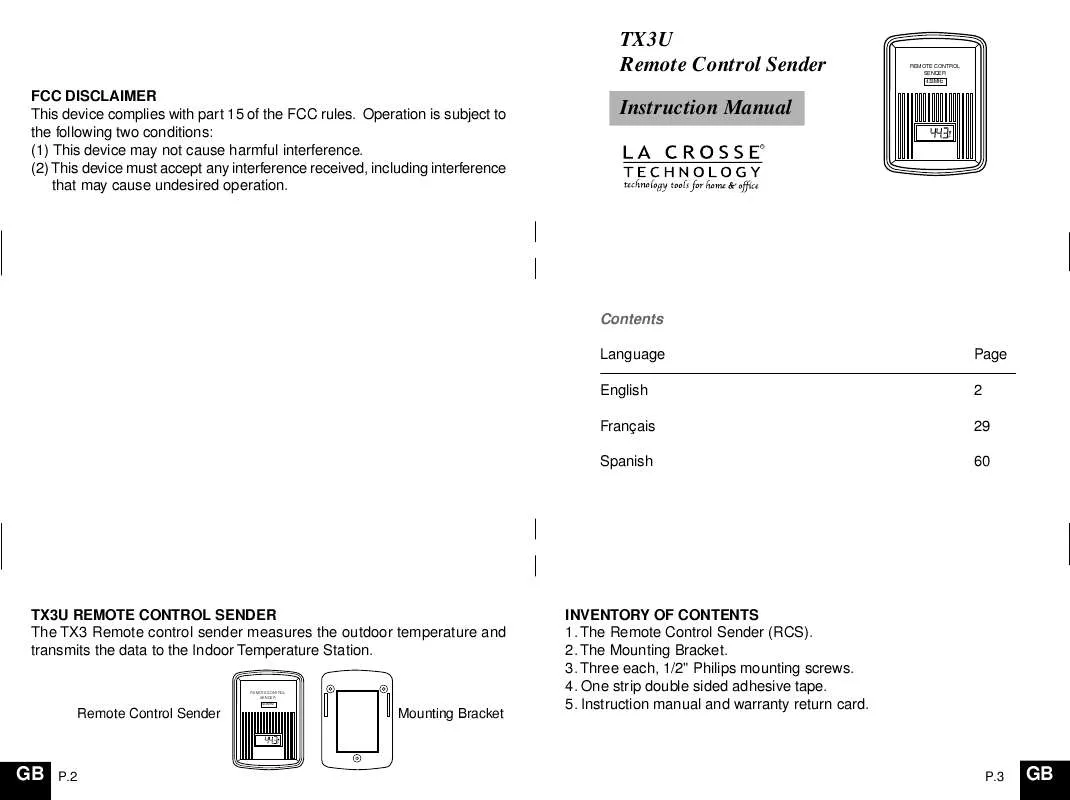 Mode d'emploi LA CROSSE TECHNOLOGY TX31U-IT