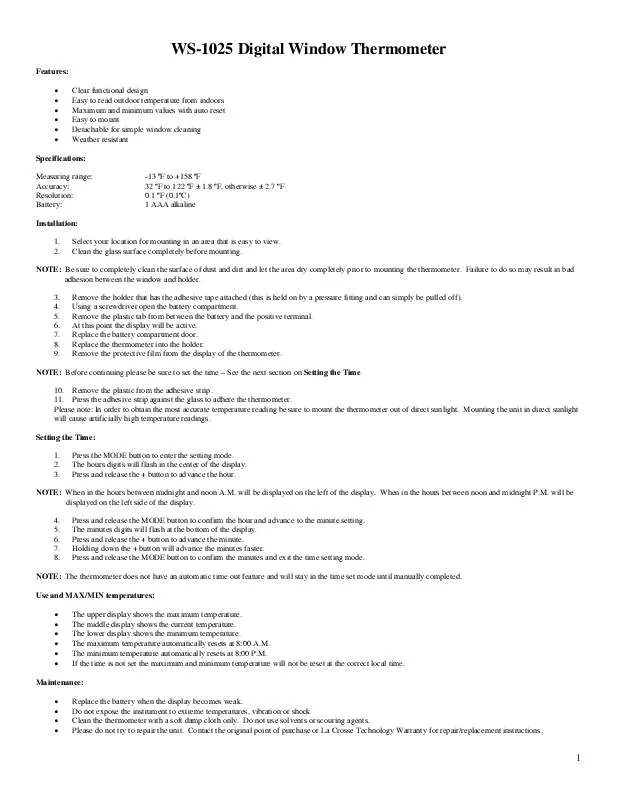 Mode d'emploi LA CROSSE TECHNOLOGY WS-1025