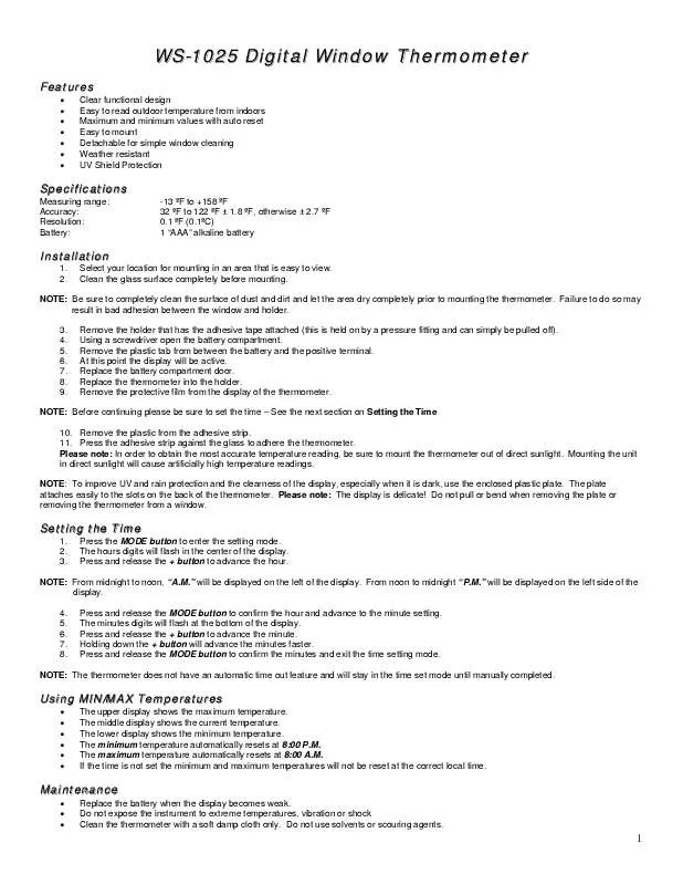 Mode d'emploi LA CROSSE TECHNOLOGY WS-1025U