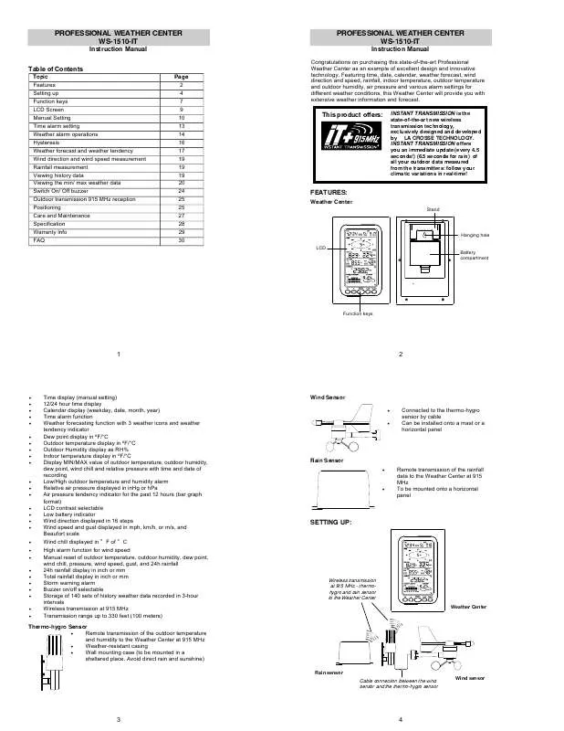 Mode d'emploi LA CROSSE TECHNOLOGY WS-1510TWC