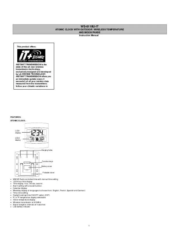 Mode d'emploi LA CROSSE TECHNOLOGY WS-6118AL-IT