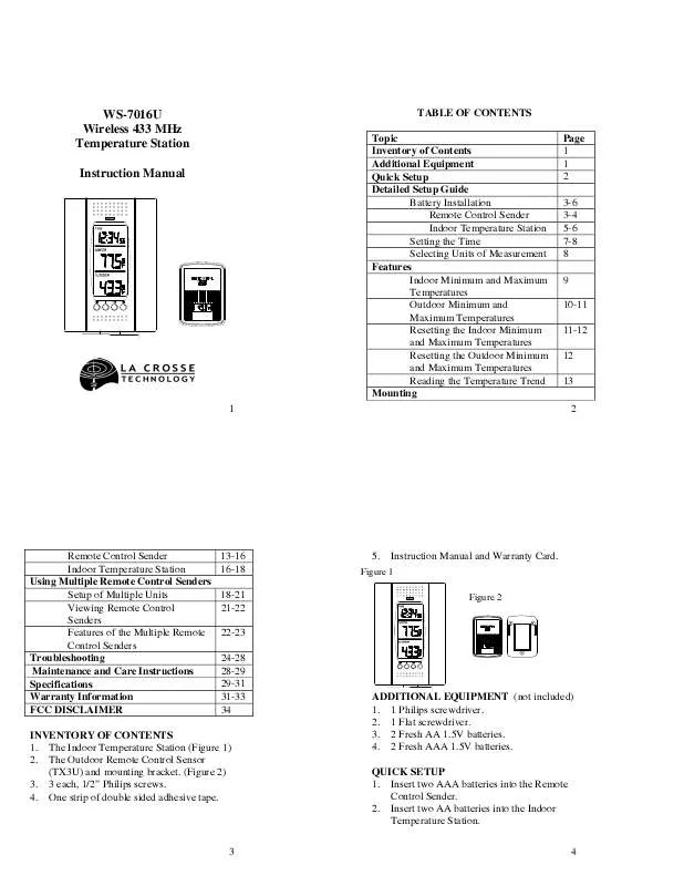 Mode d'emploi LA CROSSE TECHNOLOGY WS-7016U