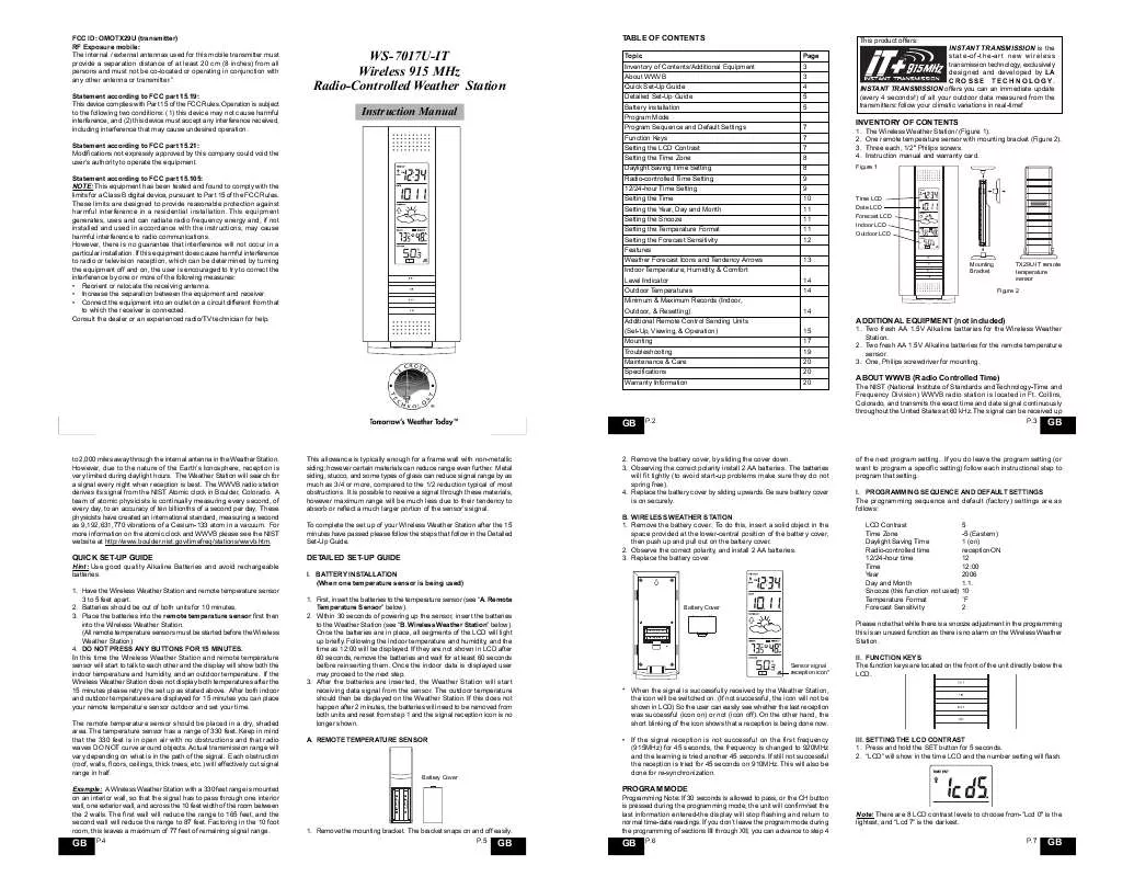 Mode d'emploi LA CROSSE TECHNOLOGY WS-7017U-IT