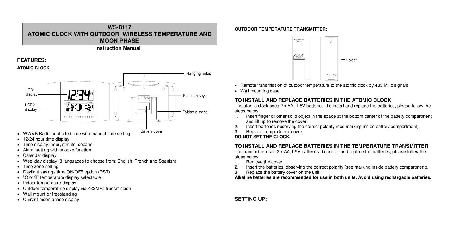 Mode d'emploi LA CROSSE TECHNOLOGY WS-8117U-AL