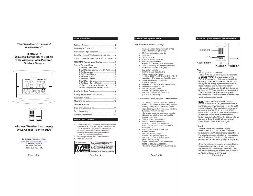 Mode d'emploi LA CROSSE TECHNOLOGY WS-8500TWC-IT