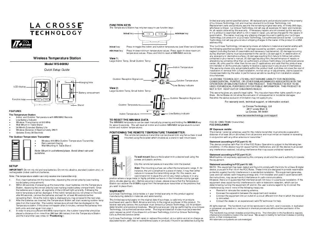 Mode d'emploi LA CROSSE TECHNOLOGY WS-9009BK-IT