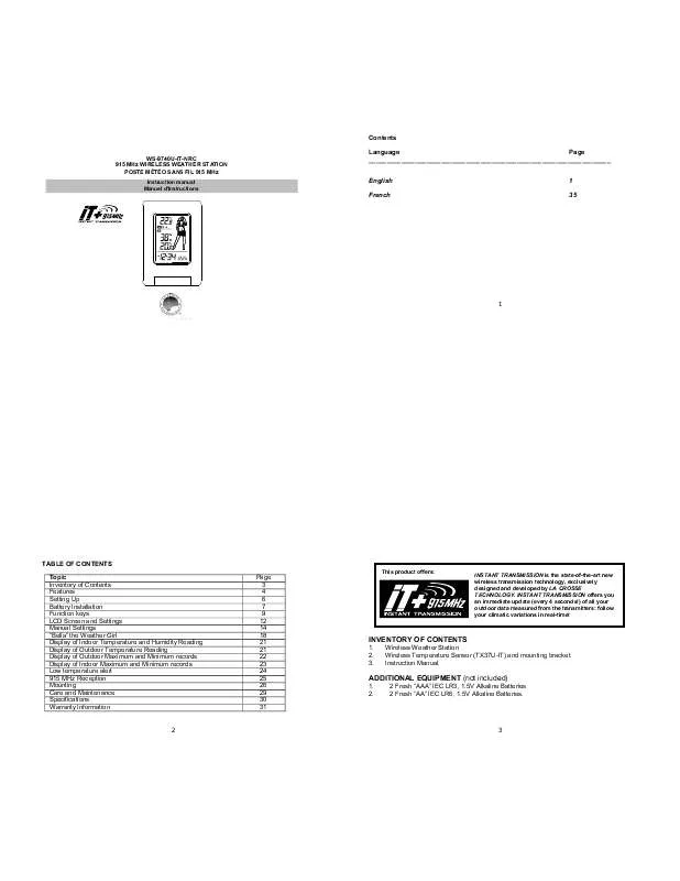 Mode d'emploi LA CROSSE TECHNOLOGY WS9740UITNRC