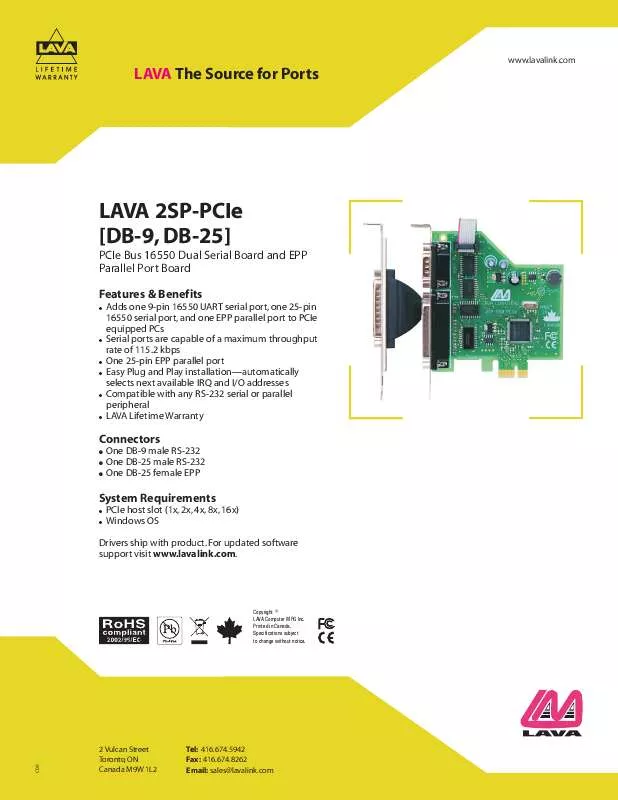 Mode d'emploi LAVA 2SP-PCIE DB9DB25