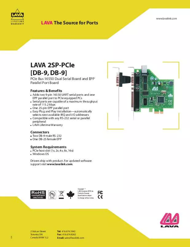 Mode d'emploi LAVA 2SP-PCIE DB9DB9