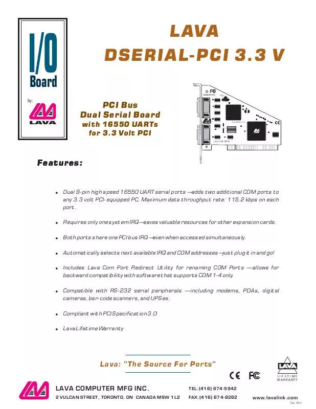 Mode d'emploi LAVA DSERIAL-PCI 3.3 V