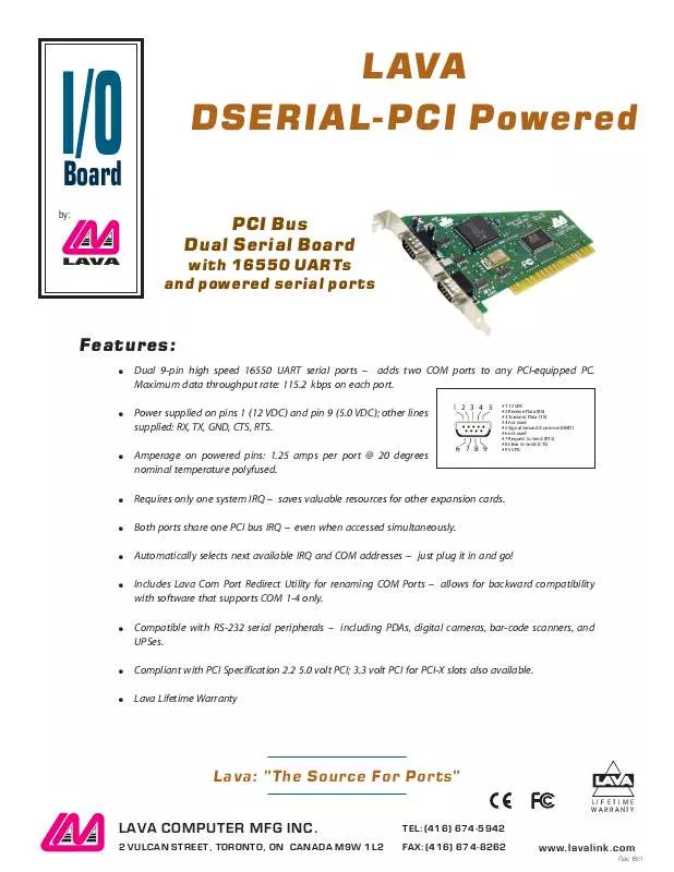 Mode d'emploi LAVA DSERIAL-PCI POWERED