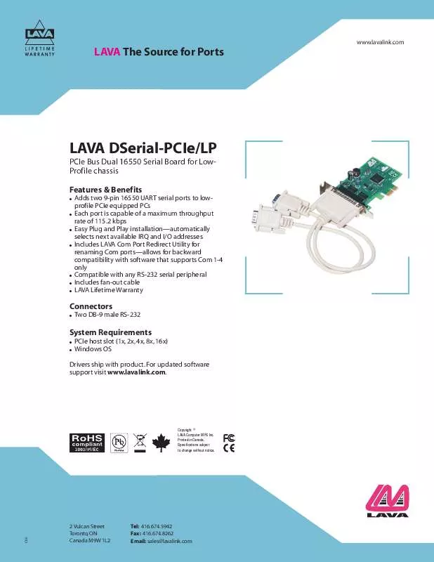 Mode d'emploi LAVA DSERIAL-PCIE-LP