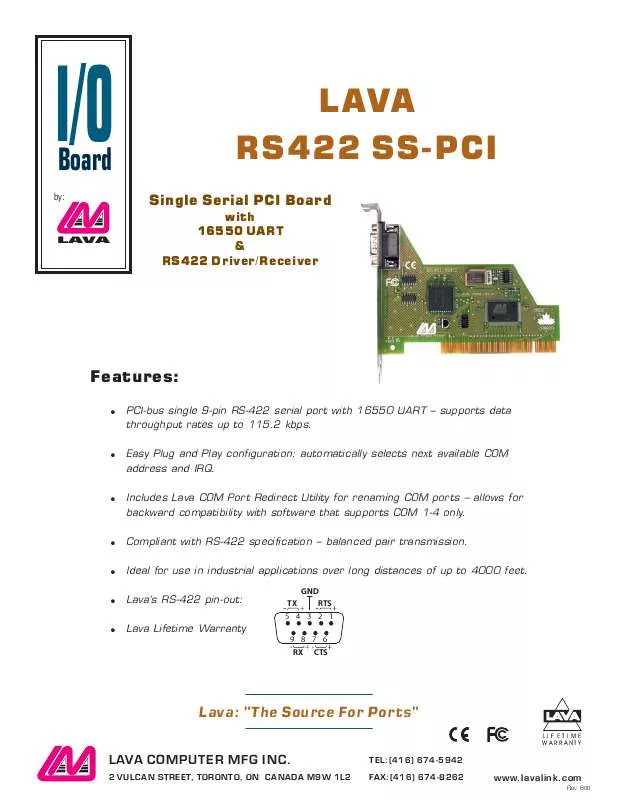 Mode d'emploi LAVA RS422 SS-PCI