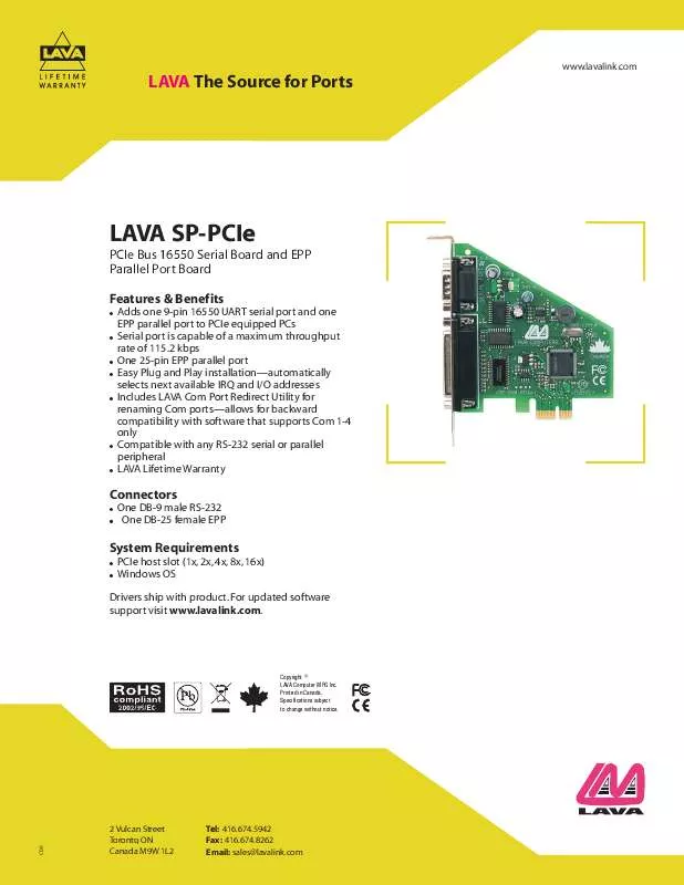 Mode d'emploi LAVA SP-PCIE