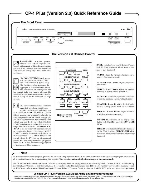 Mode d'emploi LEXICON CP-1 PLUS V 2.0