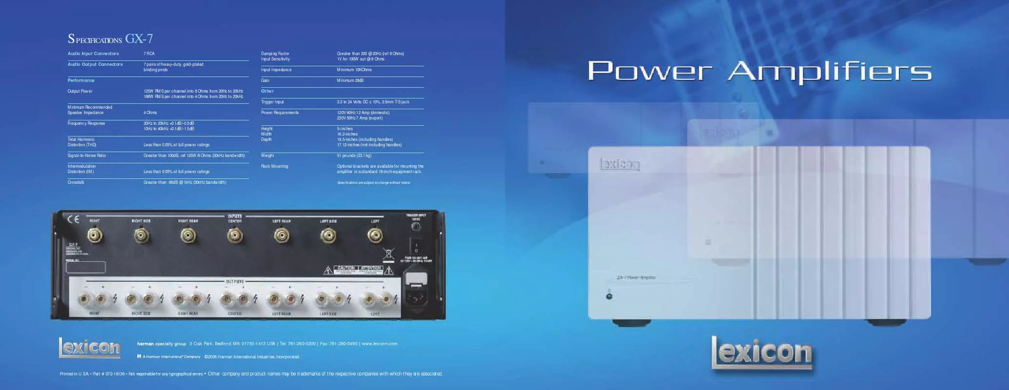 Mode d'emploi LEXICON POWER AMPLIFIERS