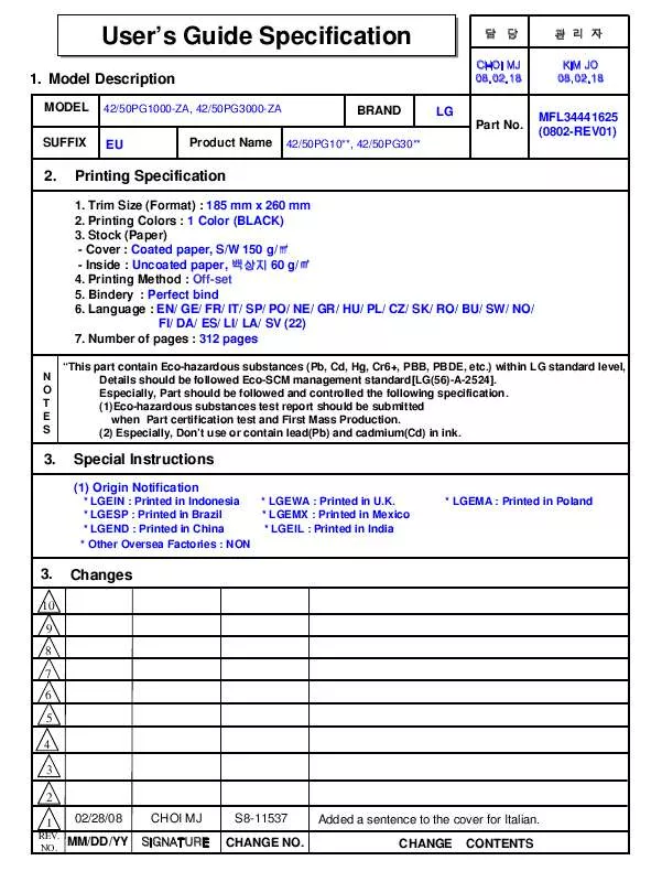 Mode d'emploi LG 42PG1000