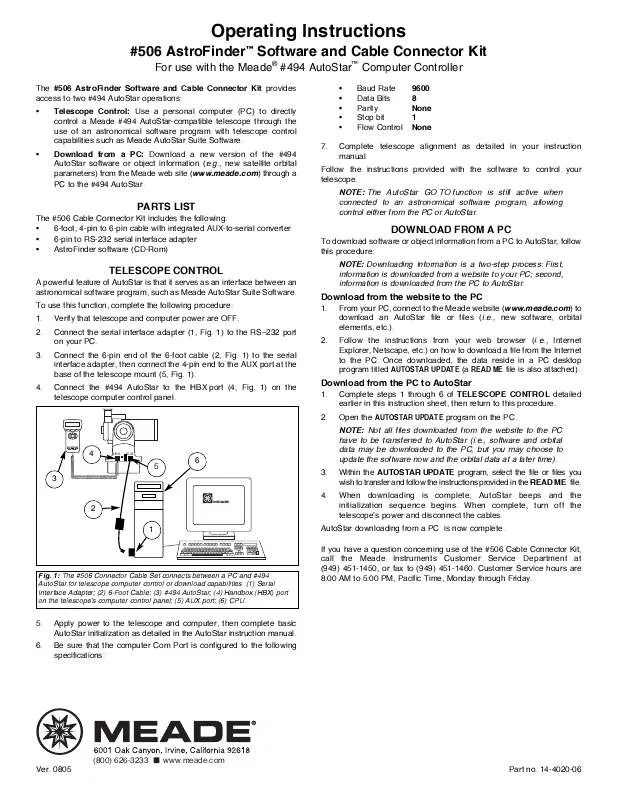 Mode d'emploi MEADE 506 ASTROFINDER SOFTWARE AND CABLE CONNECTOR KIT