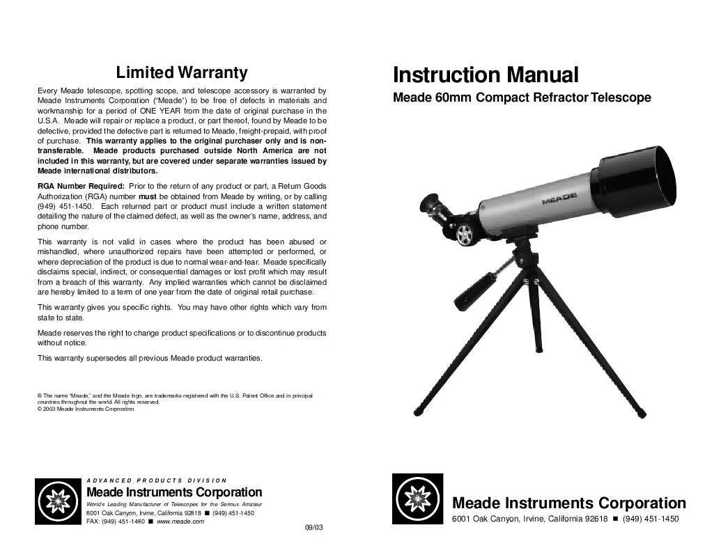 Mode d'emploi MEADE 60AZ-T COMPACT REFRACTOR