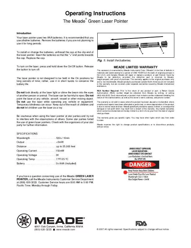 Mode d'emploi MEADE GREEN LASER POINTER