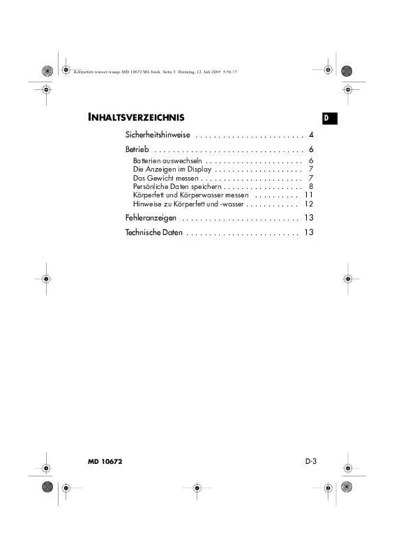 Mode d'emploi MEDION BODY FAT SCALE MM 10672