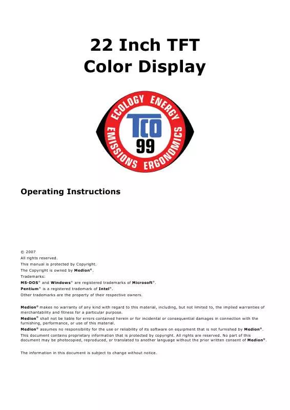 Mode d'emploi MEDION LCD DISPLAY MD 30222