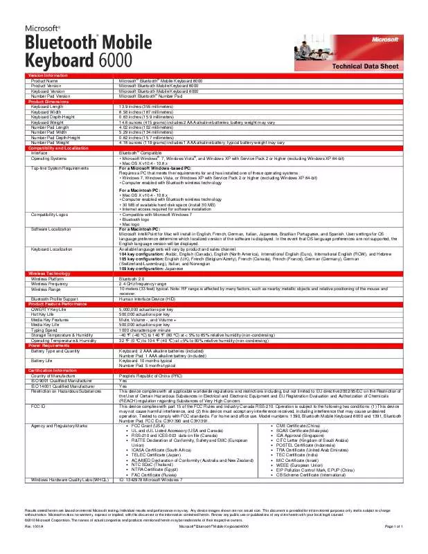 Mode d'emploi MICROSOFT BLUETOOTH MOBILE KEYBOARD 6000