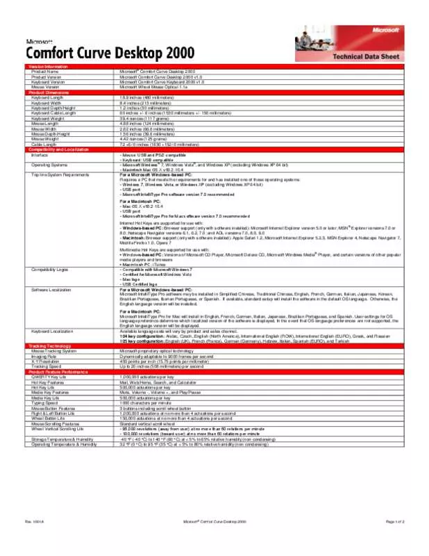 Mode d'emploi MICROSOFT COMFORT CURVE DESKTOP 2000