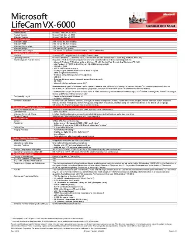 Mode d'emploi MICROSOFT LIFECAM VX-6000