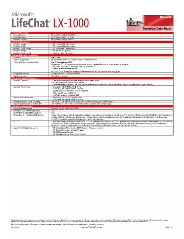 Mode d'emploi MICROSOFT LIFECHAT LX-1000